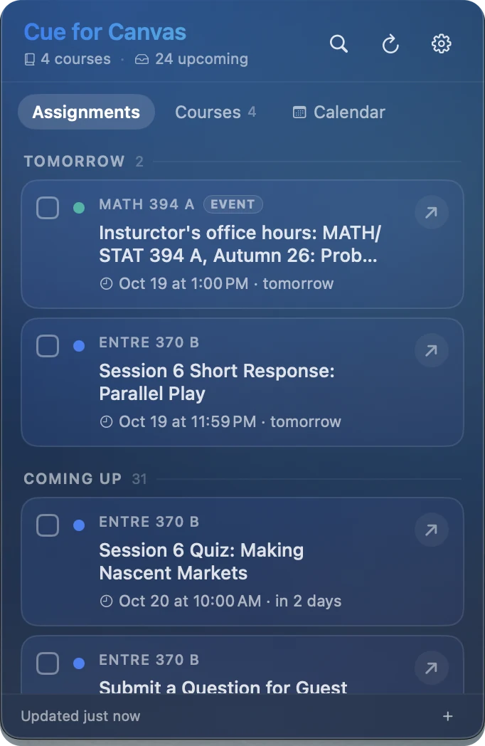 The Cue for Canvas panel listing assignments due tomorrow and coming up, grouped by date