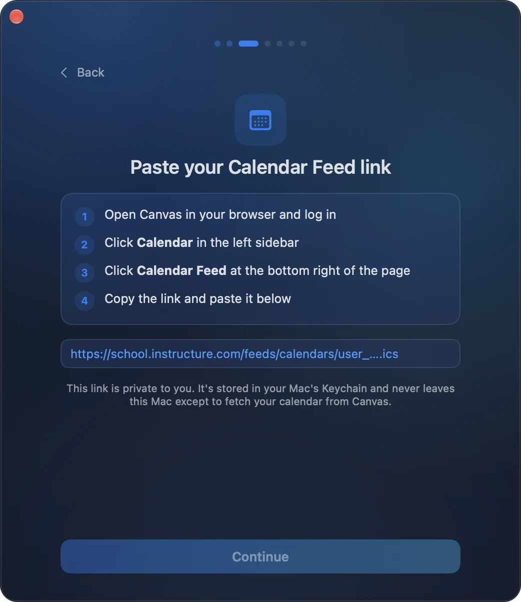 Setup screen asking for the Canvas Calendar Feed link, with four short steps